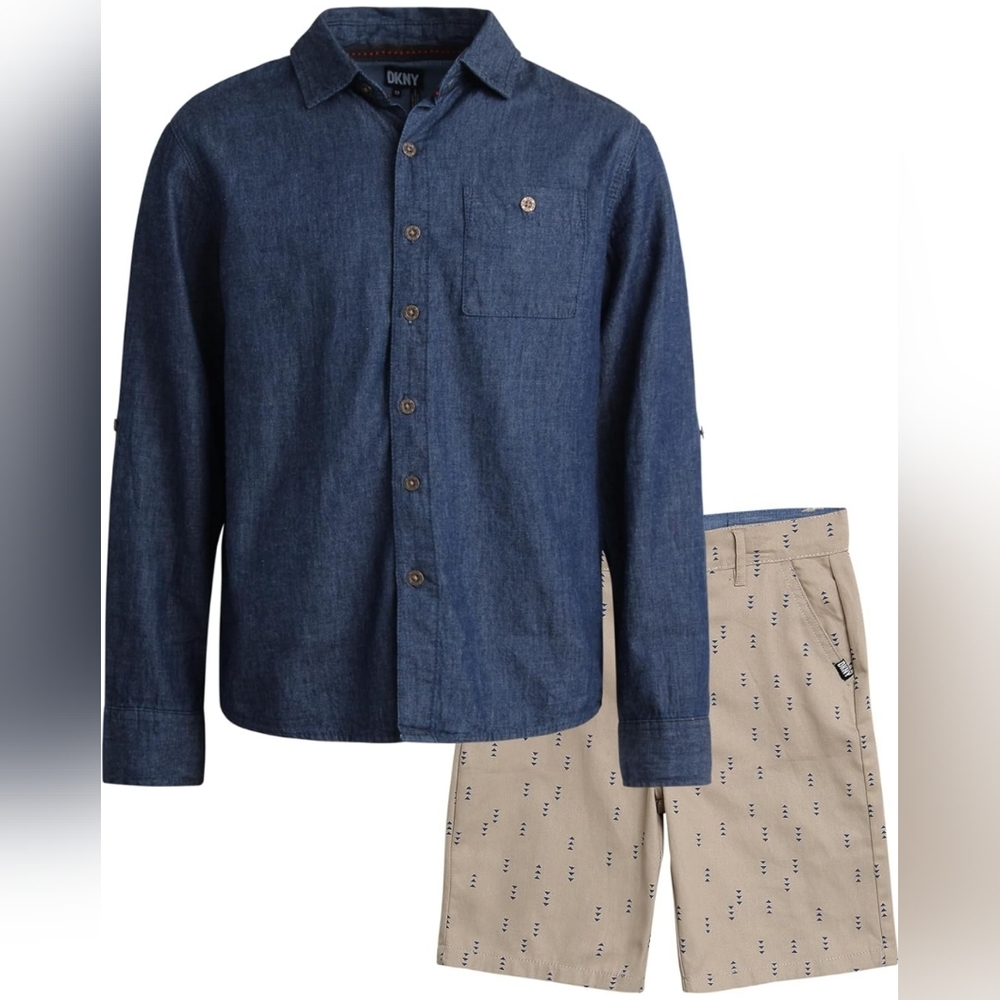 DKNY Boys' 4T Shorts Set - 2 Piece Roll Up Sleeve Button Down Shirt and Shorts
